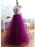 Ivory Lace Plum Tulle Elegant Maxi Prom Dress